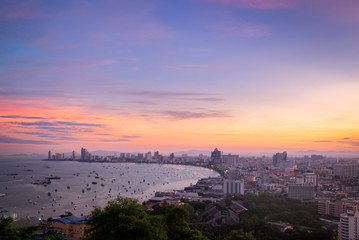 Pattaya City and Sea with suset, Thailand. Pattaya city skyline and pier at suset in Pattaya Chonburi Thailand