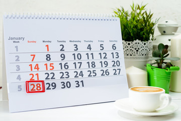 January 28th. Day 28 of month on white calendar