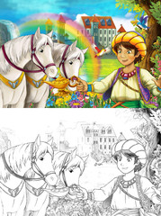 cartoon scene with beautiful pair of horses stream rainbow and palace in the background young prince standing smiling and looking illustration for children 