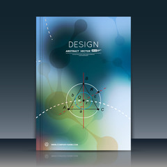Math, physics science book frame surface. A4 brochure cover design. Blue title sheet model. Patch dot, line, round, triangle icon. Modern vector front page art. Ad banner text. Dna texture. Flier font