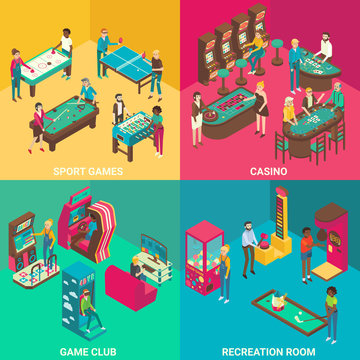 Game rooms vector flat 3d isometric illustration
