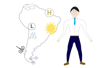 Weatherman and South America forecast map