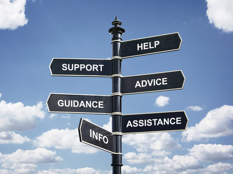 Naklejki Help, support, advice, guidance, assistance and info crossroad signpost