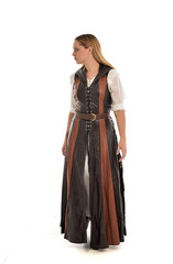 full length portrait of girl wearing brown  fantasy costume. standing pose on white studio background. 