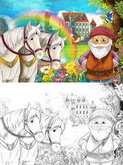 cartoon scene with dwarf near some beautiful rainbow waterfall and medieval castle illustration for children 