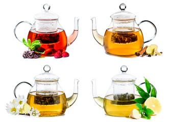 Set of teapots with herbal tea isolated on white background