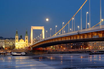 Elisabeth bridge and Church of the Assumption in Budapest, night view