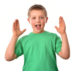 A good mood. A boy on a white background. A girl in a green T-shirt.