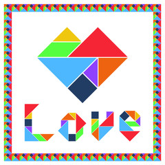 Tangram brain game HEART with text LOVE flat UI color isolated on dark background. Happy Valentine's Day vector illustration