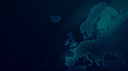 Polygonal map of Europe with luminous particles, technology futuristic vector background