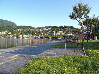 ASCONA travel city in SWITZERLAND, view of park and beauty Lake Maggiore