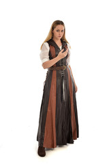 full length portrait of girl wearing brown  fantasy costume. standing pose on white studio...