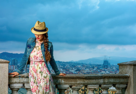 traveller woman in front of city panorama of Barcelona, Spain
