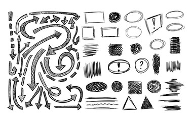 VECTOR collection of sketched elements and different scribble arrows, shaded arrow, circle, drawn square frames, undeline strokes.