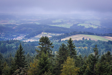 View from tourist attraction of Table Mountains called Errant Rocks in Sudetes, Poland