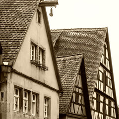 Historische Fachwerkhäuser in der Altstadt von Rothenburg ob der Tauber, Deutschland