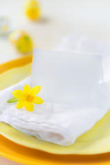 Greeting card with empty copy space for your message on a festive table place with yellow plates and a white napkin decorated with fresh daffodil flower and Easter eggs at the background