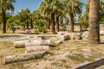 Sunny view of ruins of ancient Hierapolis near Pamukkale, Denizli province, Turkey.