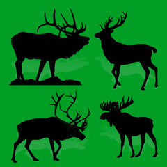 Collection Forest animals (mammals) Deer and moose, on a green background,