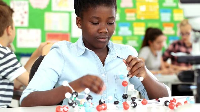 Female Pupil Using Molecular Model Kit In Science Lesson