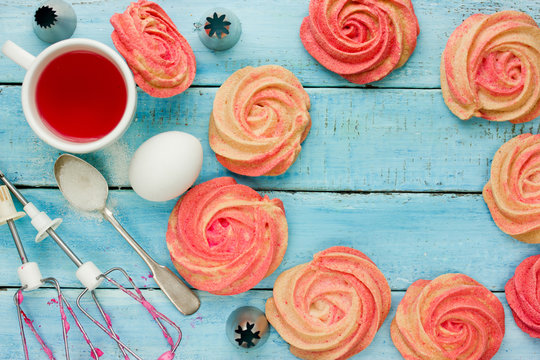 Beautiful meringue shaped pink flower, homemade meringue zefir marshmallow cooking process