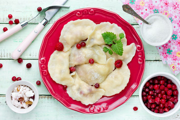 Homemade traditional Russian Ukrainian dumplings vareniki with cranberry and cottage cheese