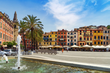 The central square of the Italian city of Lerici, Europe. Beautiful colorful cityscape, traditional Italian architecture.