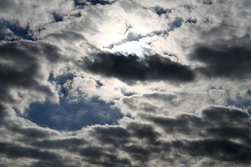 雲から透けて見える太陽と雲間に広がる青空「空想・雲のモンスターたち（現れはじめたモンスターの群れなどのイメージ）」集団、大勢、軍団、大移動するなどのイメージ・青空などにコピースペース