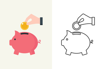 Vector illustration of a hand putting a coin into the piggy bank flat and line style icon