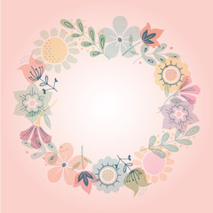 Beautiful greeting card with floral wreath. Illustration can be used as creating card, invitation card for wedding,birthday, anniversary and other holiday and cute spring background.