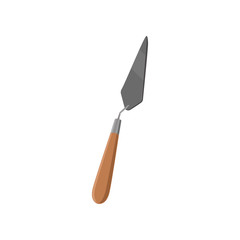 Narrow pointing trowel from stainless steel with wooden handle used in archaeological excavation. Working tool symbol. Flat vector design