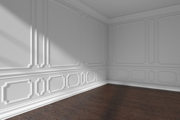 Empty white room corner with molding and dark floor