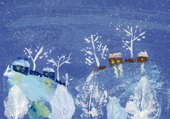 Gouache painting winter landscape