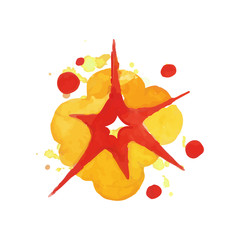 Bomb explosion effect. Bright blowing up. Watercolor boom in red and orange colors. Hand drawn vector design element for book cover, poster or banner