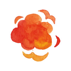 Bang effect in red and yellow color. Watercolor painting of fire explosive cloud. Blowing up. Children hand drawn illustration. Vector design for poster, banner or flyer