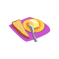 Slice of brown bread with grains on purple table-napkin and butter on yellow plate. Tasty breakfast. Food concept. Good morning. Cartoon flat vector design
