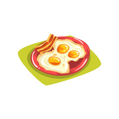Cartoon eggs with bacon on red plate. Traditional American breakfast. Good morning. Flat vector element for print, card, flyer or kids menu