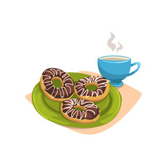 Doughnut with chocolate glaze on green plate and cup of hot cocoa or tea. Tasty breakfast. Sweet dessert. Good morning concept. Cartoon flat vector design