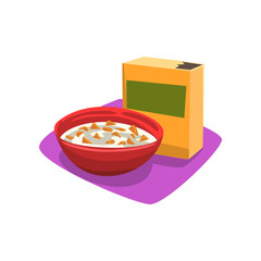 Red bowl full of corn flakes with milk. Breakfast concept. Fast food. Good morning. Cartoon flat vector design for promo placard or banner