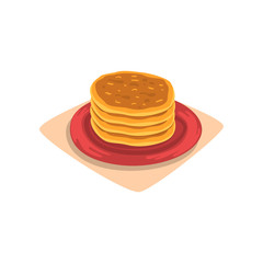 Stack of delicious pancakes on red plate. Tasty fast food dessert. Breakfast concept. Cartoon flat vector design for menu or recipe book