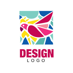 Creative logo design with pink tropical bird parrot . Abstract icon in rectangular shape. Colorful vector design for business card, environmental placard or print