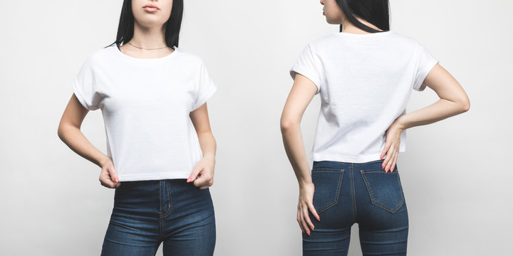 Front And Back View Of Young Woman In Blank T-shirt Isolated On White