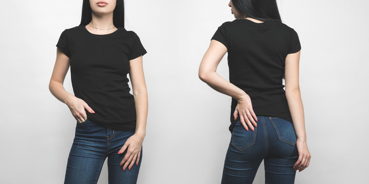 Front And Back View Of Young Woman In Blank Black T-shirt Isolated On White