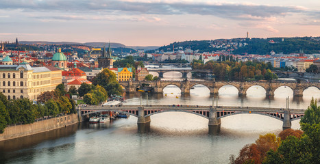 Fototapeta na wymiar Evening view on Prague from Letenske sady, The capital of Czech Republic