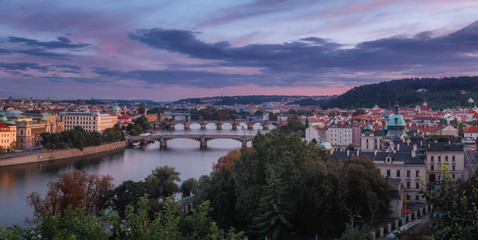 Fototapeta na wymiar Beautiful sunset over Prague from Letenske sady, The capital of Czech Republic