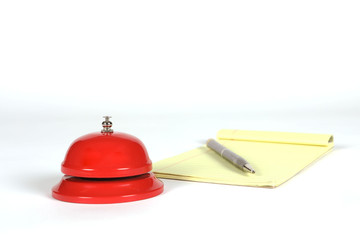 sonnette, stylo, bloc-notes, 