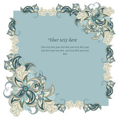 Vintage invitation card on blue background with lace ornament. Template frame design for card. Use for greeting, invitation, wedding, party, baby shower, mother's day, valentine, packaging.