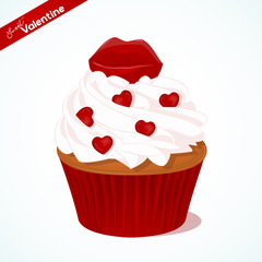Cupcake with vanilla cream and red sugar lips for Valentines day. Greeting card, background, poster or template for Sweet Valentine. Vector illustration. Holiday Collection.