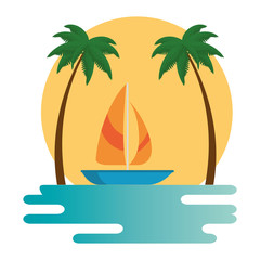 beach landscape scene with sea and sailboat vector illustration design