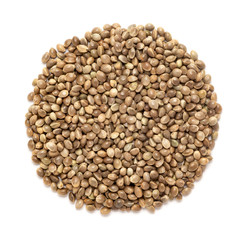 Organic Hemp seed (Cannabis sativa)  in Circle Shape. Isolated on White Background.  Micro Closeup, Top view.